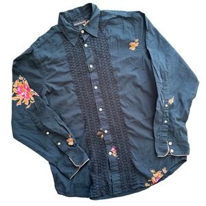 GUESS Button Down Shirt Mens Large Navy Floral Modern Dark Aesthetic Statement